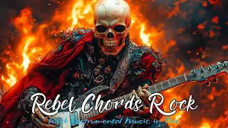 Skeleton Guitarist Plays Rebel Alternative Indie Rock Instrumental Music in Fire