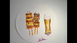 Grilled Skewers and Beer | Chalk Pastel Drawing ASMR
