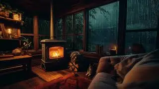 Naptime with the Cat: Cozy Living Room Ambience 🛏️ Relax by the Crackling Fireplace & Rain Sound