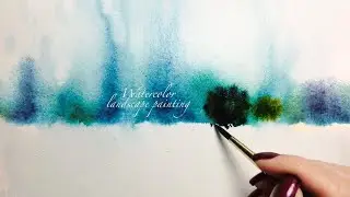 blue and green fantasy landscape . watercolor painting