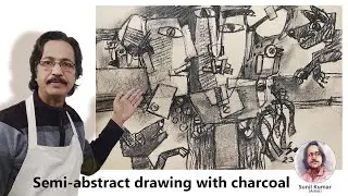Semi-abstract painting with charcoal easy steps | abstract drawing step by step | charcoal drawing