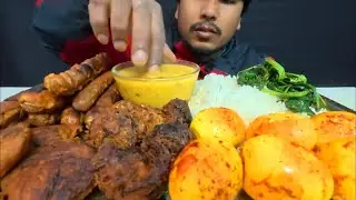 EGG FRIED & SAUSAGE FRIED WITH RICE AALU PAKODA, DAL, SAAG, DELICIOUS FOOD EATING, ASMR EATING VIDEO