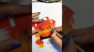UNDER A MINUTE Art Tutorial || Quick & EASY / Sunset Tropical Palm Trees / Step by Step