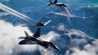 F-22 Raptors escort a B-2 stealth bomber over the Aleutian Islands, Alaska - near Russian border.