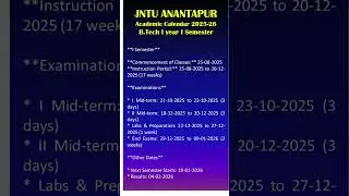 JNTU ANANTAPUR Academic Calendar 2025-26 B.Tech I year I Semester