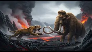 Epic Confrontation with Homotherium latidens and Mammuthus primigenius in the Volcanic Valley