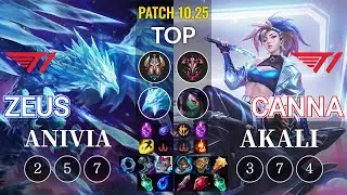 T1 Zeus Anivia vs T1 Canna Akali Top - KR Patch 10.25