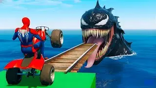 سبايدر مان اصعب دراجة نارية فوق اسماك القرش - Superheroes Ride on Motorcycle Stunt Funny Moments