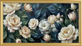 White Roses & Teal Foliage Floral Oil Painting | TV Wallpaper | Free Background | 4K Frame Art