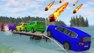 Triple Flatbed Trailer McQueen Transportation with Truck - Speedbumps vs Cars vs Train - BeamNG #12