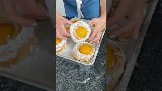 The softest Danish with honey poached peaches and almond cream ( recipe in description)