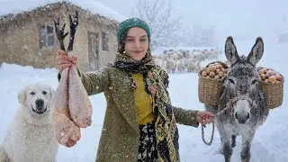 A snowy day in a mountain village; cooking turkey thighs