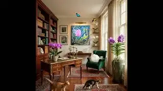 Fleur de Vie | Abstract Botanical Art in a Cozy Living Room with Cats  #aiart #artcollectors