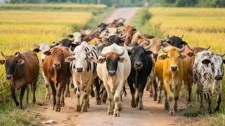 Rebanhos coloridos de gado nos vastos arrozais- O som do mugido das vacas - V&iacute;deos de b&uacute;falos e gado