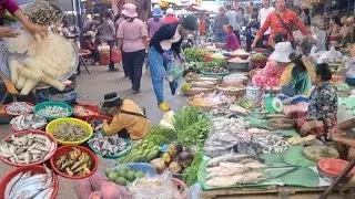 Routine Shopping At Countryside Market Cambodia. Fresh Fish, Bamboo Shoots, Beef Offal And More.