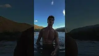 Model Moritz Hau shirtless in a lake in Iceland - instagram story August 29, 2024