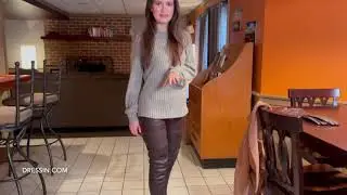 Актриса Мэдисон, модели DRESSIN.COM, модный обзор, стильный пиджак, коричневые кожаные сапоги до ...