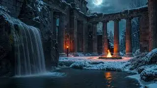 Moonlit Stone Courtyard with Fire and Water | Deep Sleep & Meditation