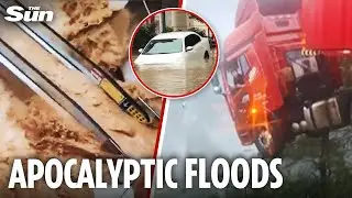 Shopping Centre SUBMERGED & lorry left dangling off bridge by 'biggest flood in decades'