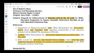 ENHANCE GRATUITY LIMIT TO 25L FOR BSNL DR EMPLOYEES 