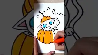 How to draw a cute Halloween cat in a pumpkin, part 2 (full video linked) #catart #halloweencat