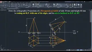 Hexagonal pyramid resting on H.P. with its edge and axis is inclined H.P. at 30 degrees