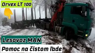 Sneh, Ľad a zapadnutý lesovoz MAN + Ťažba dreva s Orvex LT 100 @AmlesOrvexLT100