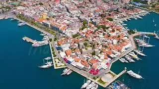 Marmaris, Turkey. Aerial drone view of the seafront promenade with Marmaris Castle, bazaar and ma...