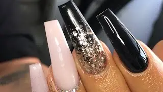 Acrylic Nails | Long black, pink glittery design