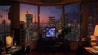 Rainy 80s Office at Sunset - Retro Cityscape with Soft Rain On Window & Old TV for Focus