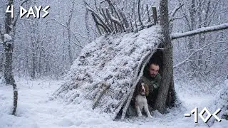 4 Days Winter Bushcraft Shelter Building Alone - Wild Cooking, With my Dog