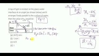A ray of light is incident at the glass-water interface at an angle (as shown below) and it emerges
