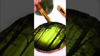 Acrylic painting on wood slice | green forest #shorts