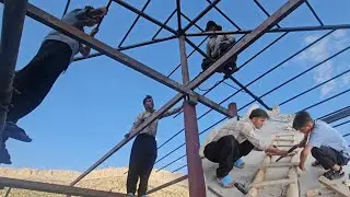 Construction of the roof above the fish farming guard room by Ali and Yasin🏠🏠🏠🏠🦈🦈🦈🦈