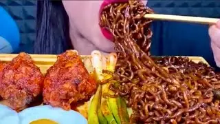 ASMR Black Bean Noodles, Fried Chicken, Green Onion and Eggs Eating, 2x Speed @stellaasmrofficial 