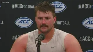 Boise State offensive lineman John Molchon speaks during Broncos' press conference after beating FSU
