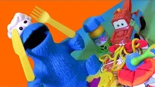 Play Doh Chef Cookie Monster Eats Pizza Lunch Box 123 Mold n Go Speedway Playdough Mater Cars Pixar