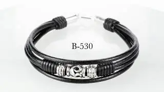 B-530 Genuine Sterling Silver & Leather New Wristband Armband Men Bracelet.