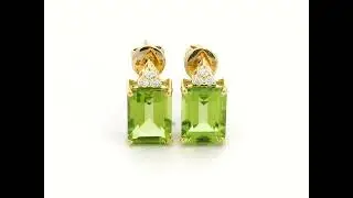 Elegant 18K Yellow Gold emerald-Cut  Peridot & Diamond Earrings | 3.23 CT Peridot |