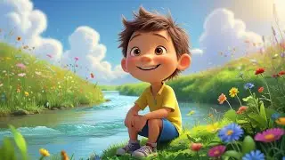 Cute Cartoon Character Sitting by the Riverside | Adorable Cartoon Character Relaxing Near a River 