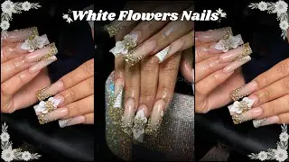 GOLD AND WHITE FLOWER NAILS💛 | Watch Me Work | Full Acrylic Set!!!
