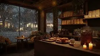 Snowy Night at a Caf&eacute; Window with Gentle Piano Sounds and Peaceful Winter Ambience
