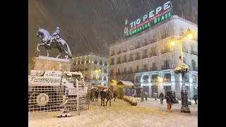 Intense Snow Storm in Madrid, Spain - Puerta del Sol Becomes a Winter Wonder Playground