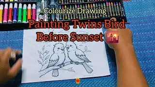 Twin happy birds singing at sunset. Use bright colors to enhance this peaceful scene