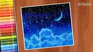 Easy! Meteor Shower in the Night Sky Drawing - Oil Pastel Drawing for Beginners - Step by Step