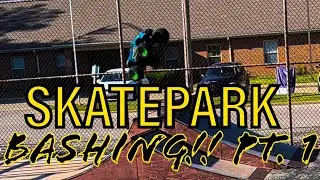 TRAXXAS XMAXX MAXX RUSTLER ALL AT THE SKATEPARK!! RC MADNESS BIG JUMPS HALFPIPE TRICKS FREESTYLE!!