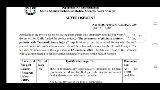 SKIMS SRINAGAR || RECRUITMENT || SRF || LAB TECHNICIAN
