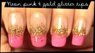 Neon Pink & Gold Glitter Tips nail art