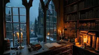 You're Studying at the Gothic Library | Hazy Window & Snowy Town Ambience | Dark Academia Winter