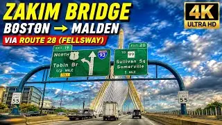 Zakim Bridge Boston to Malden MA via Route 28 Fellsway | 4K Scenic Drive
